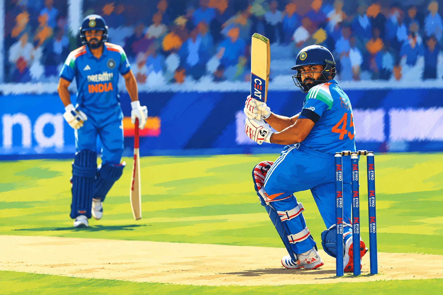 Illustration of Indian batters at the crease during an ODI match