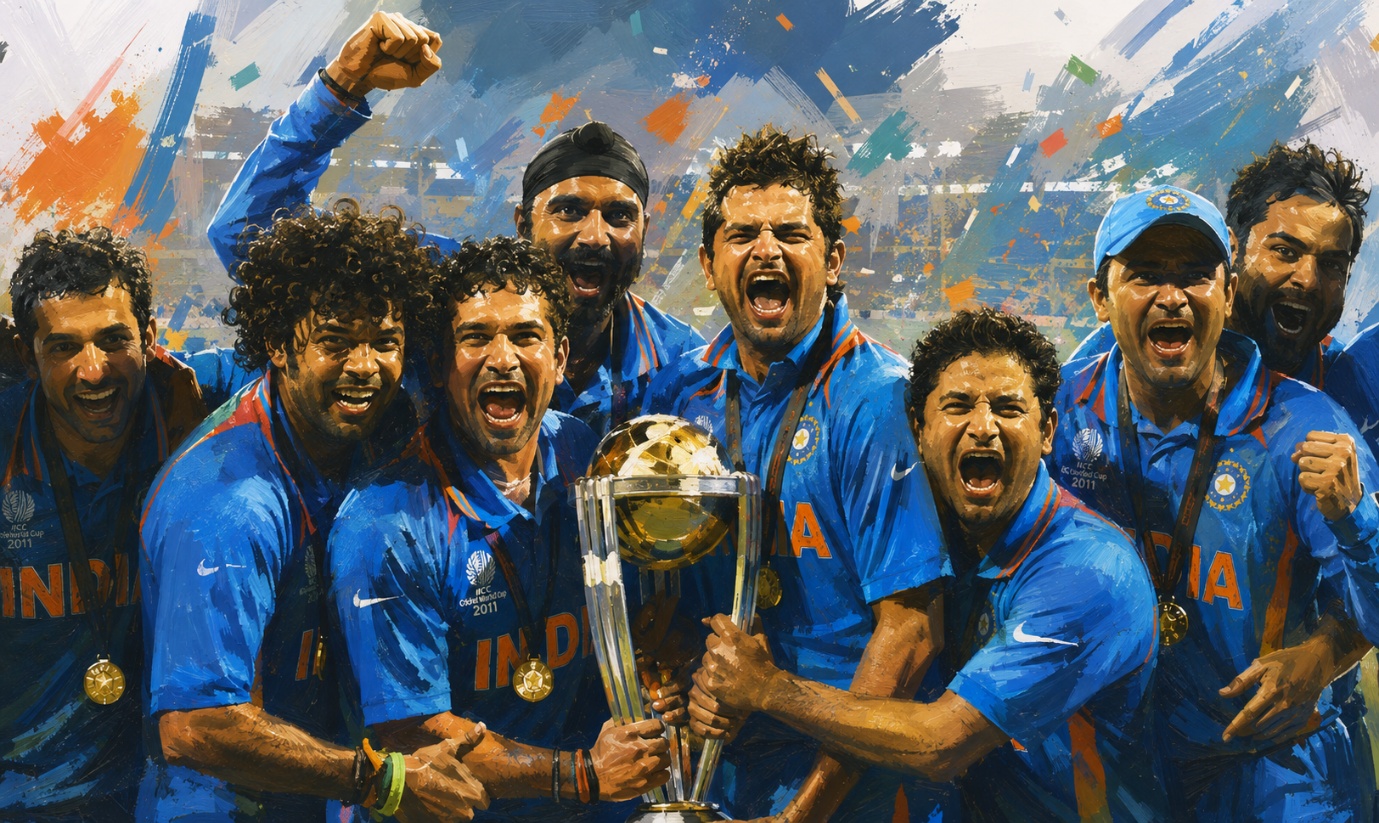 India celebrating its 2011 World Cup victory with the trophy